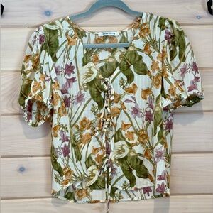 Rose & Olive Floral Puff-Sleeve Top in White, Green & Mauve